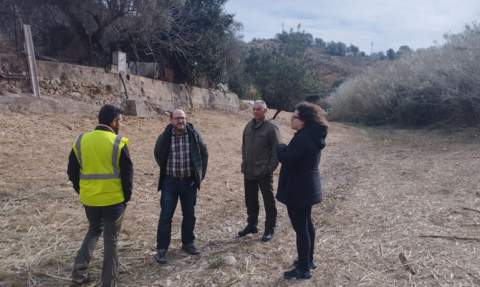 La concejala con t&eacute;cnicos en el barranco.