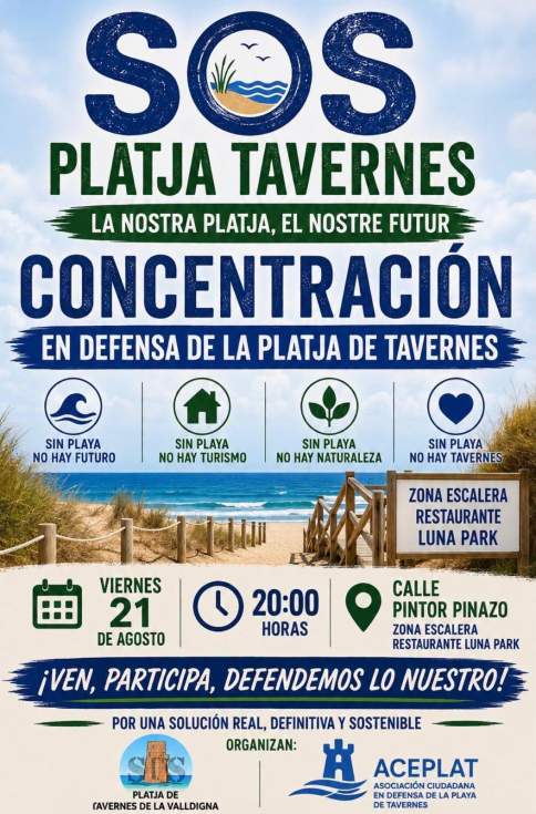 SOS Platja Tavernes i ACEPLAT convoquen una concentració en defensa de la Platja de Tavernes de la Valldigna